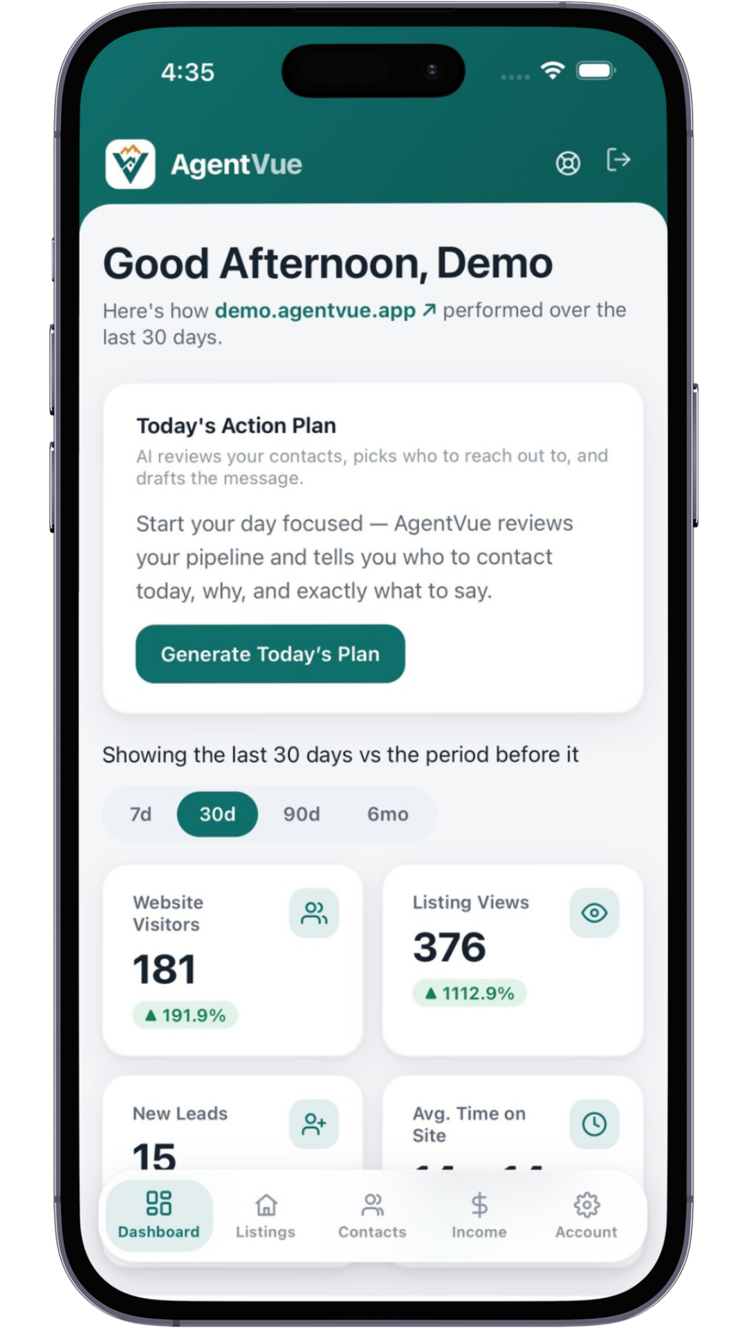 AgentVue dashboard on a phone
