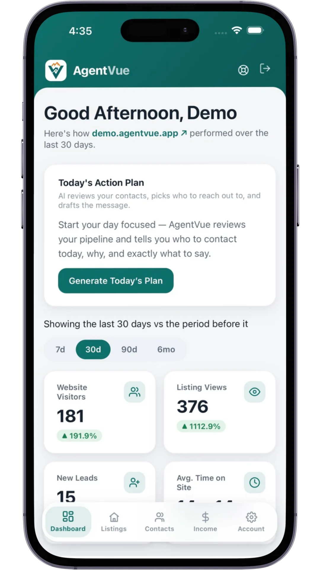 AgentVue dashboard on a phone