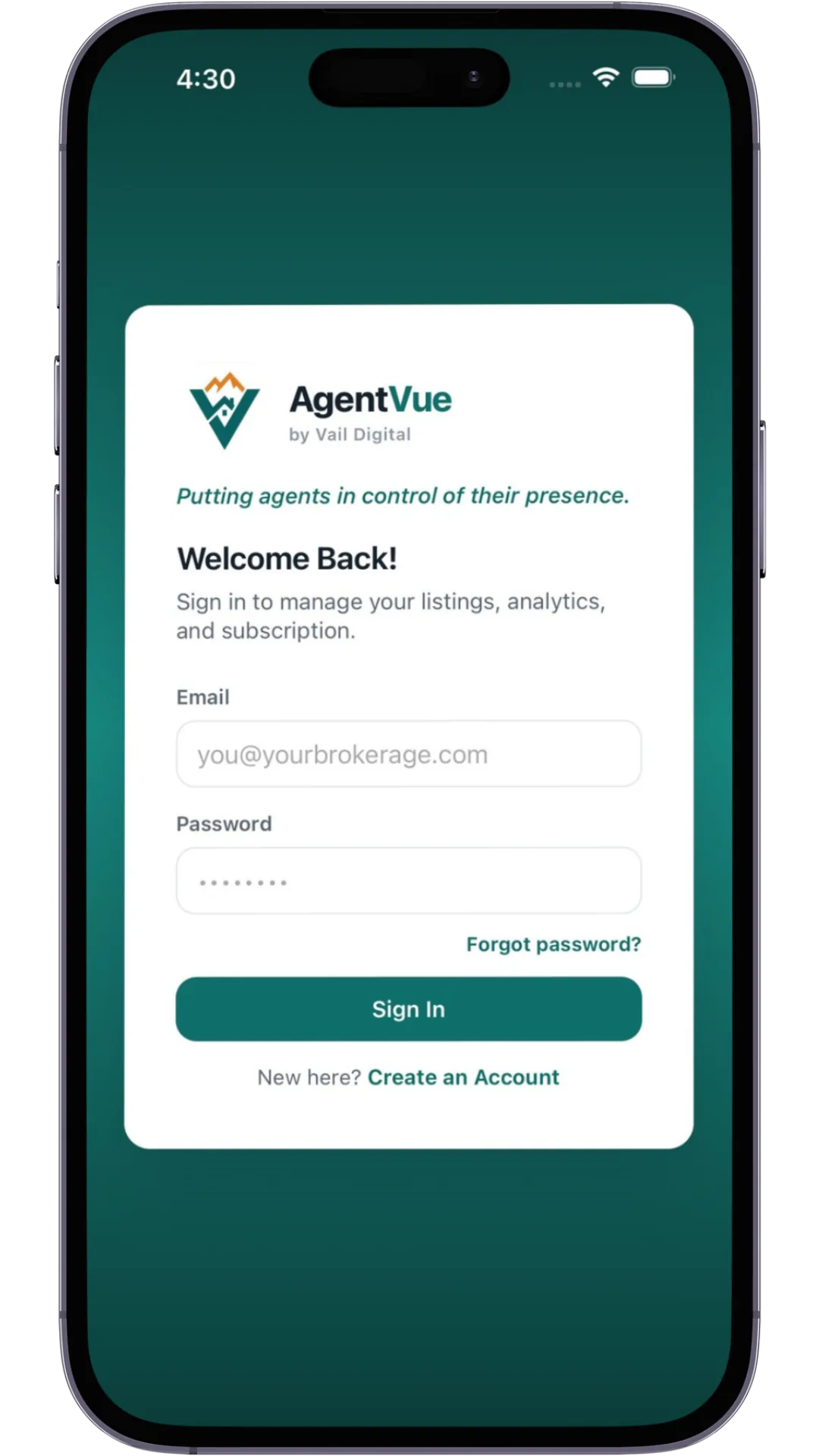 AgentVue sign-in on a phone