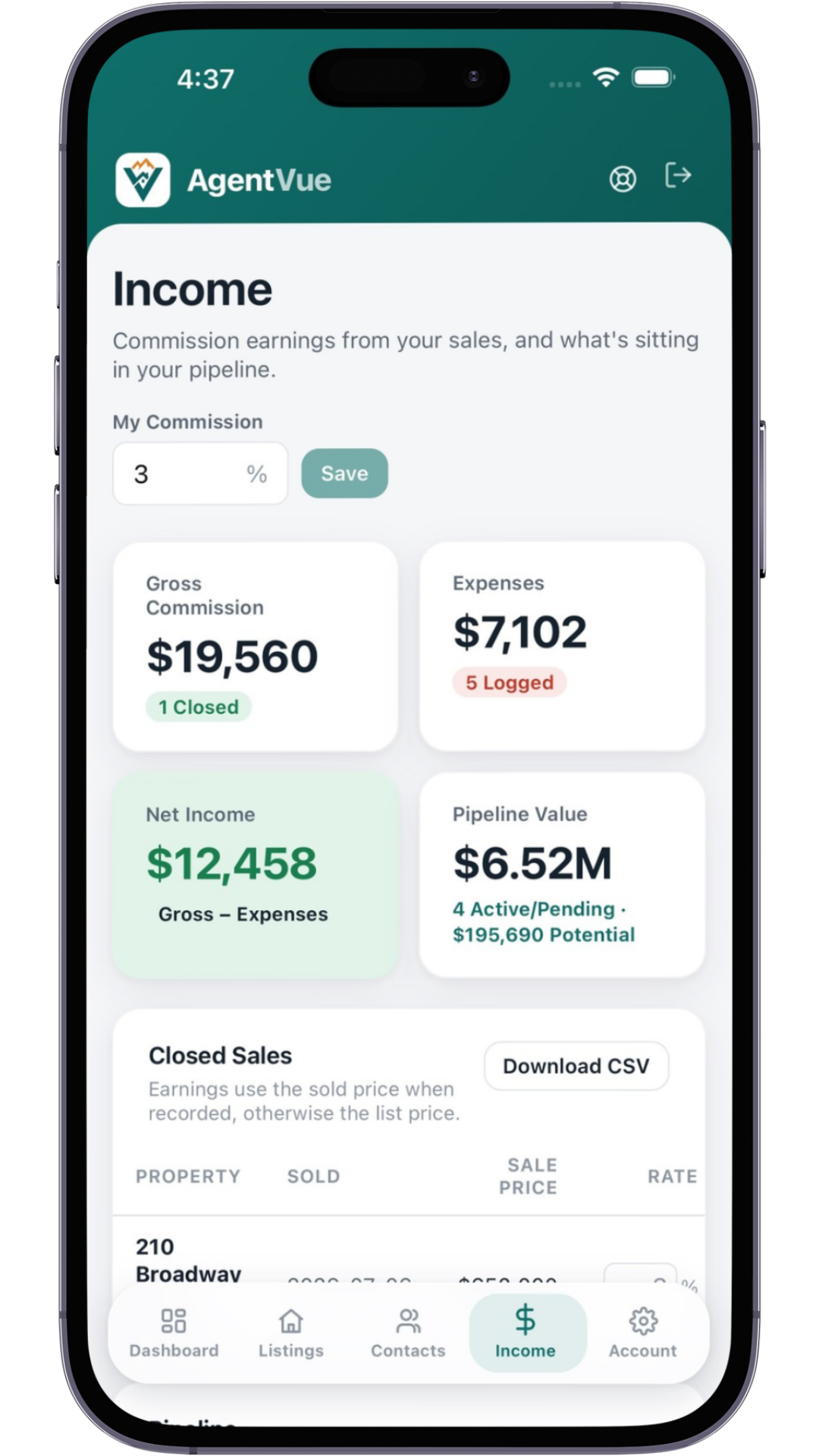 AgentVue income on a phone