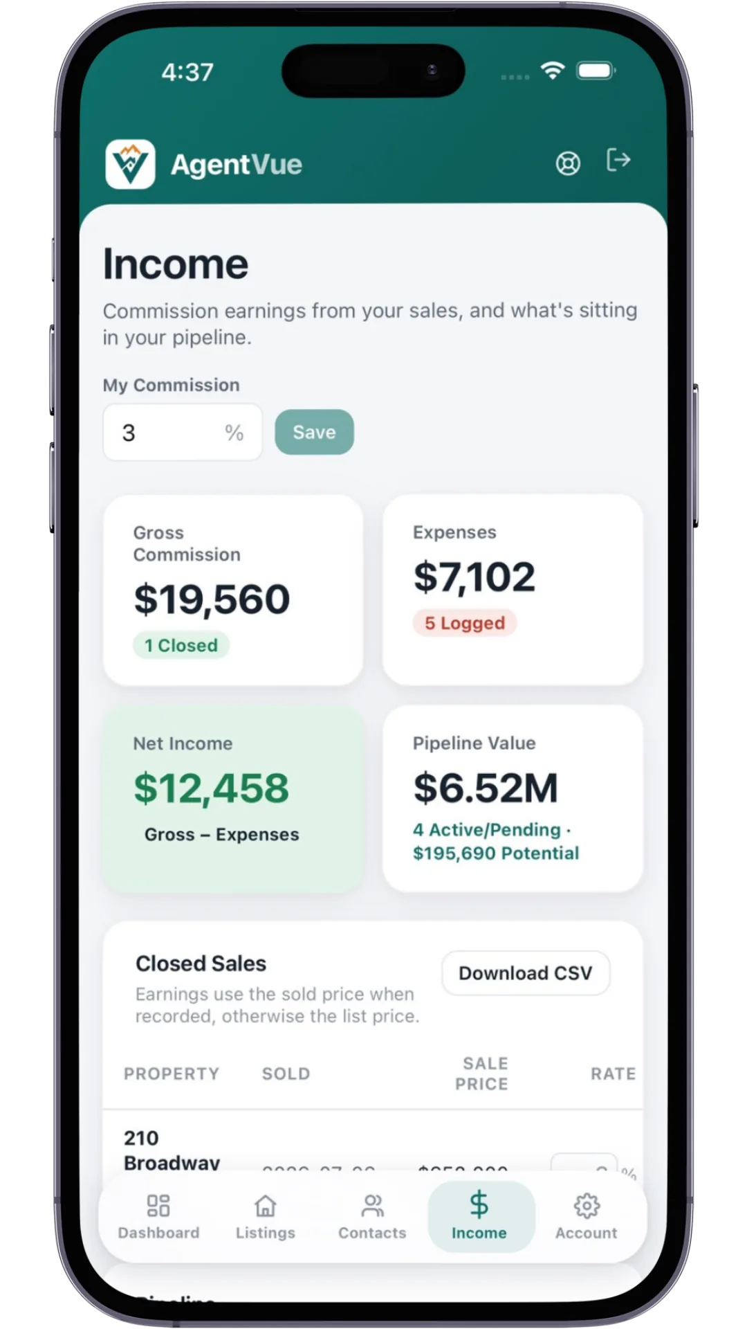 AgentVue income on a phone