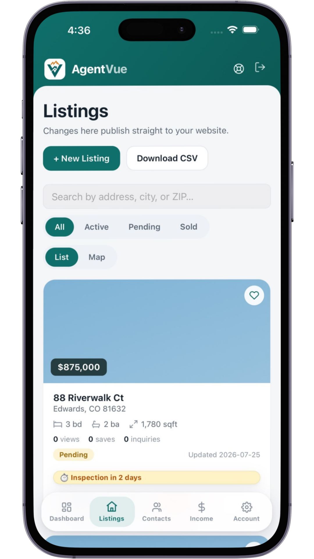 AgentVue listings on a phone