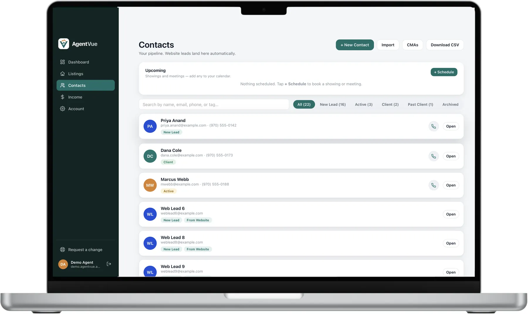 AgentVue contacts CRM screen