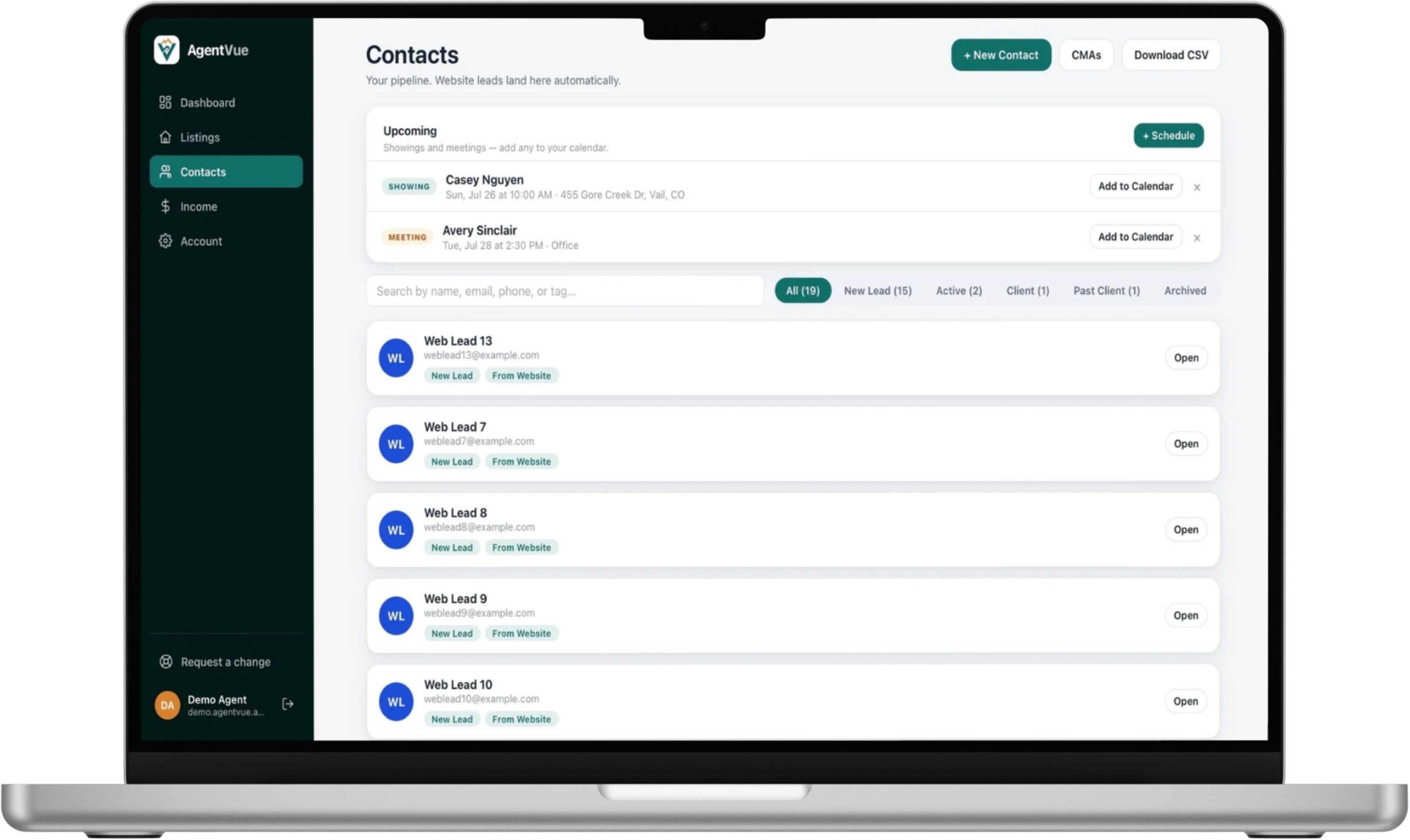 AgentVue contacts CRM screen