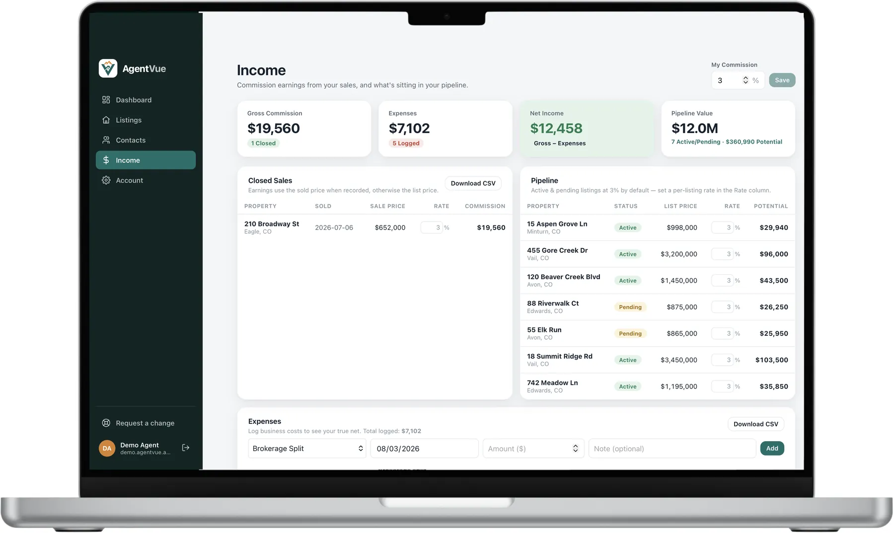 AgentVue income screen