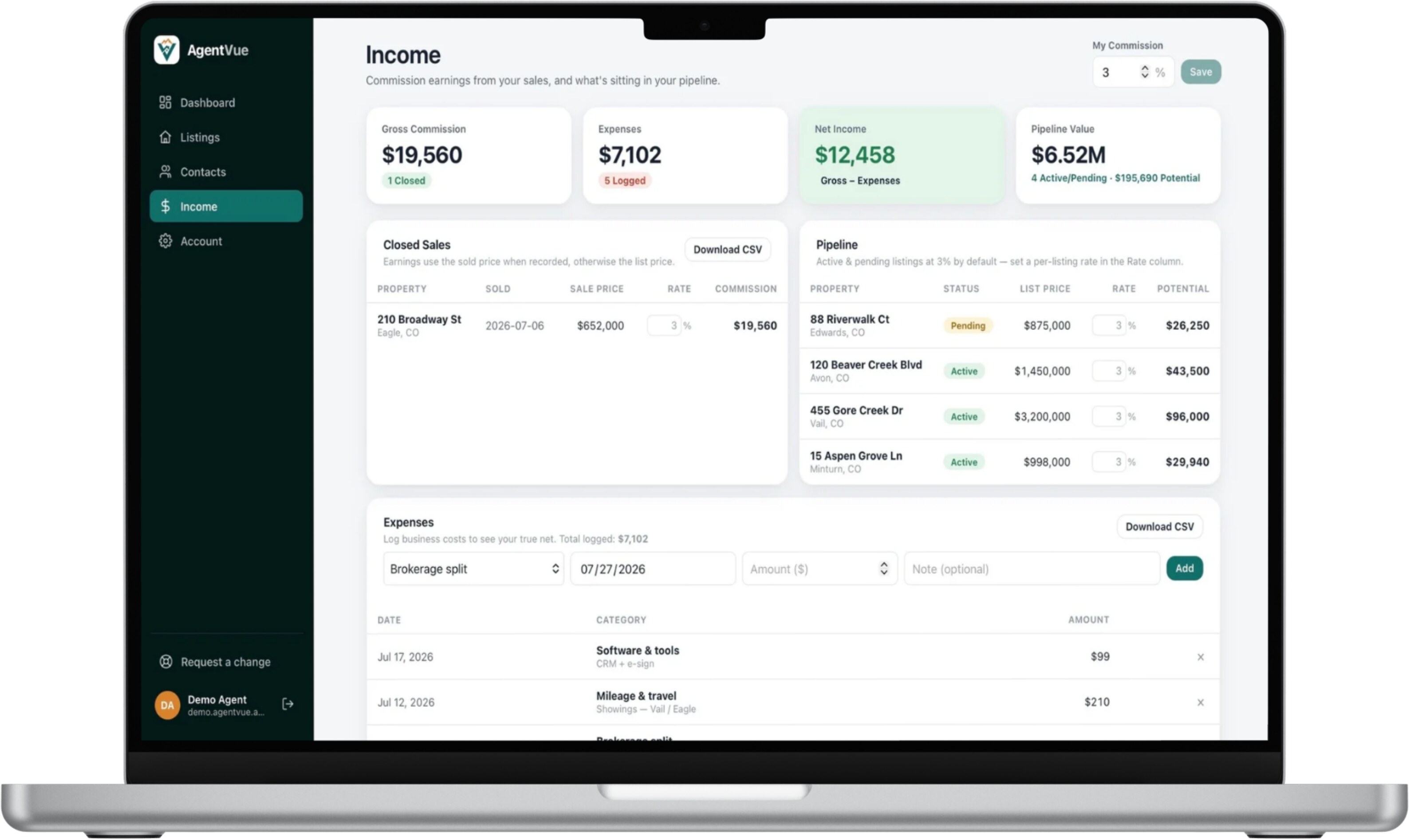AgentVue income screen