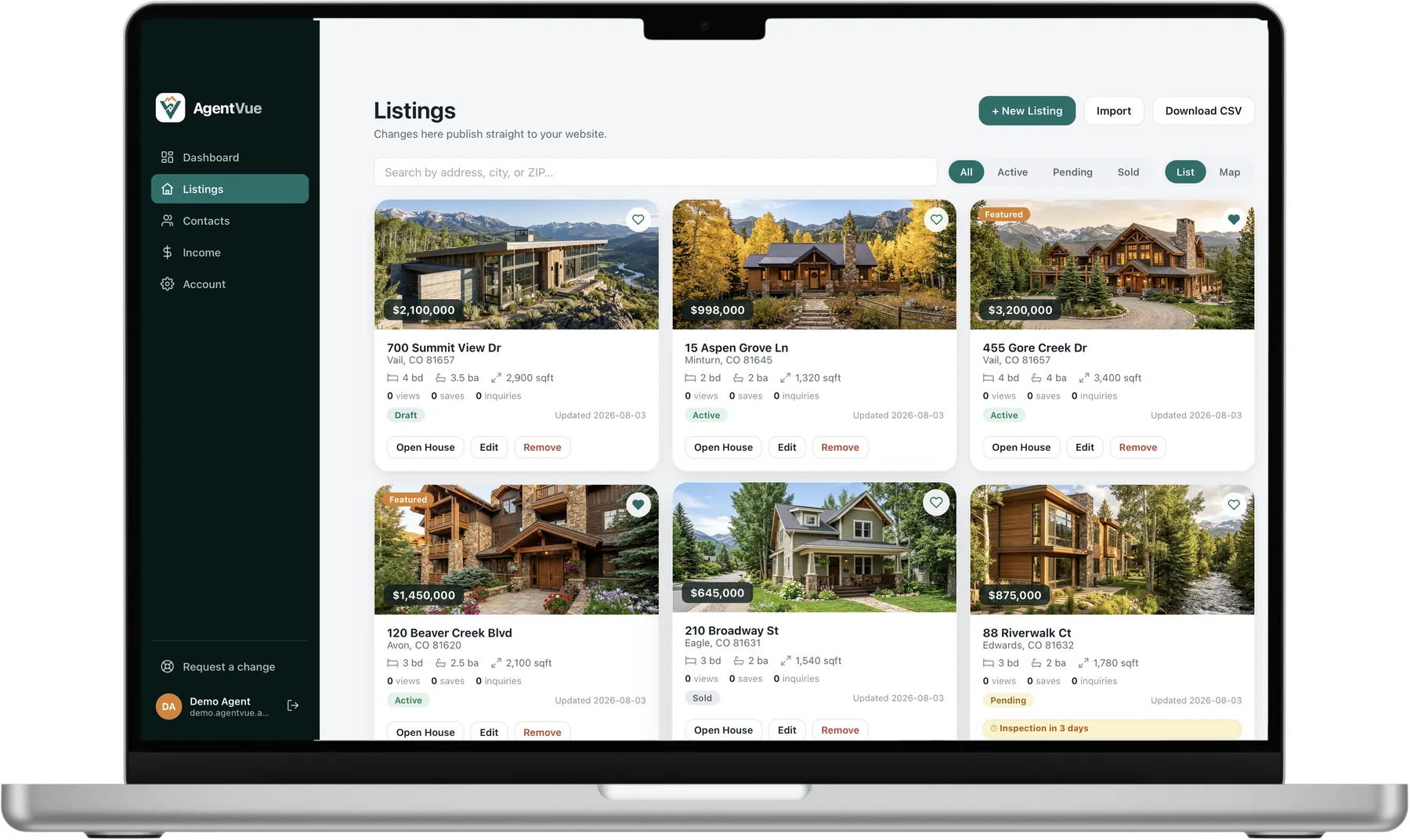 AgentVue listings screen
