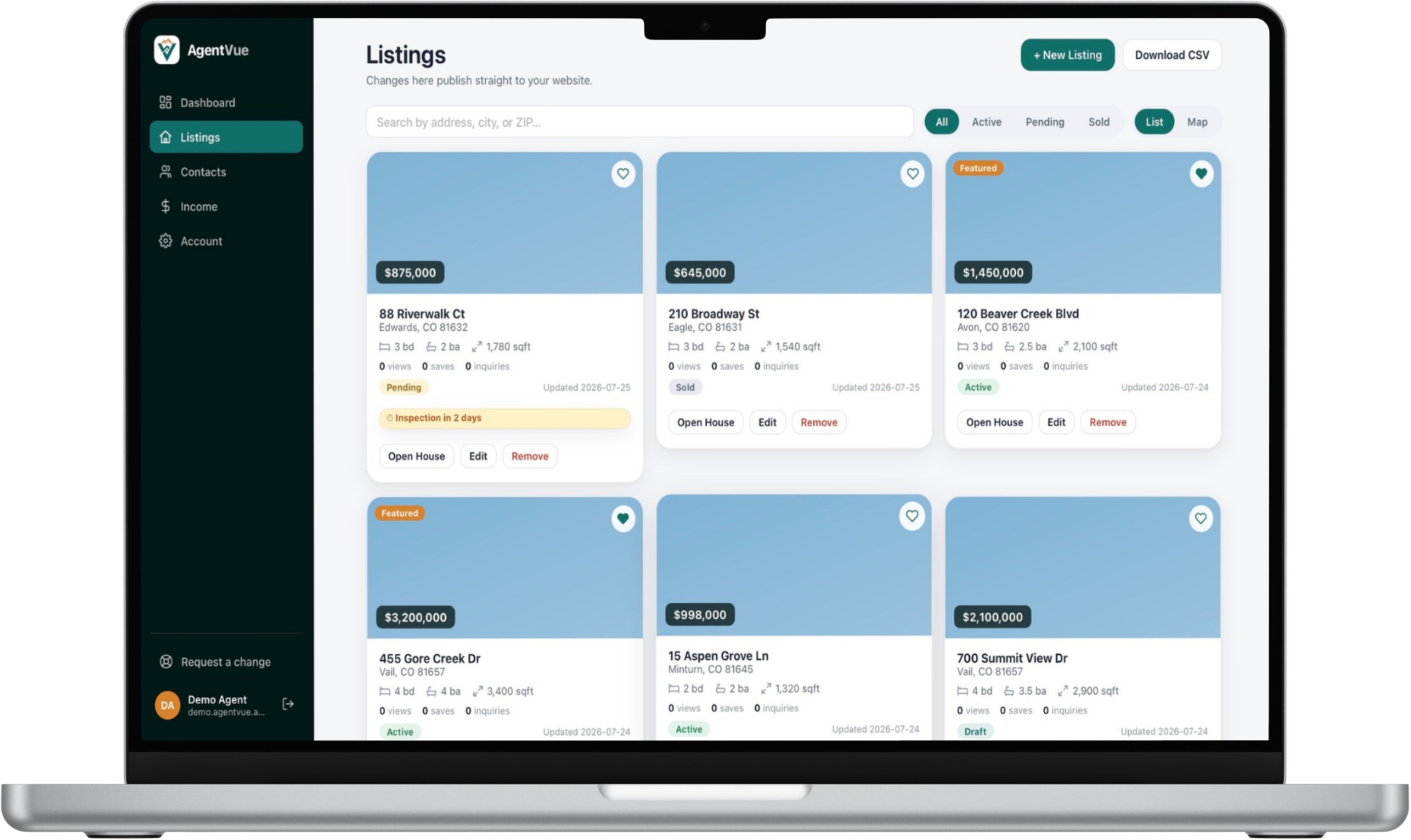 AgentVue listings screen