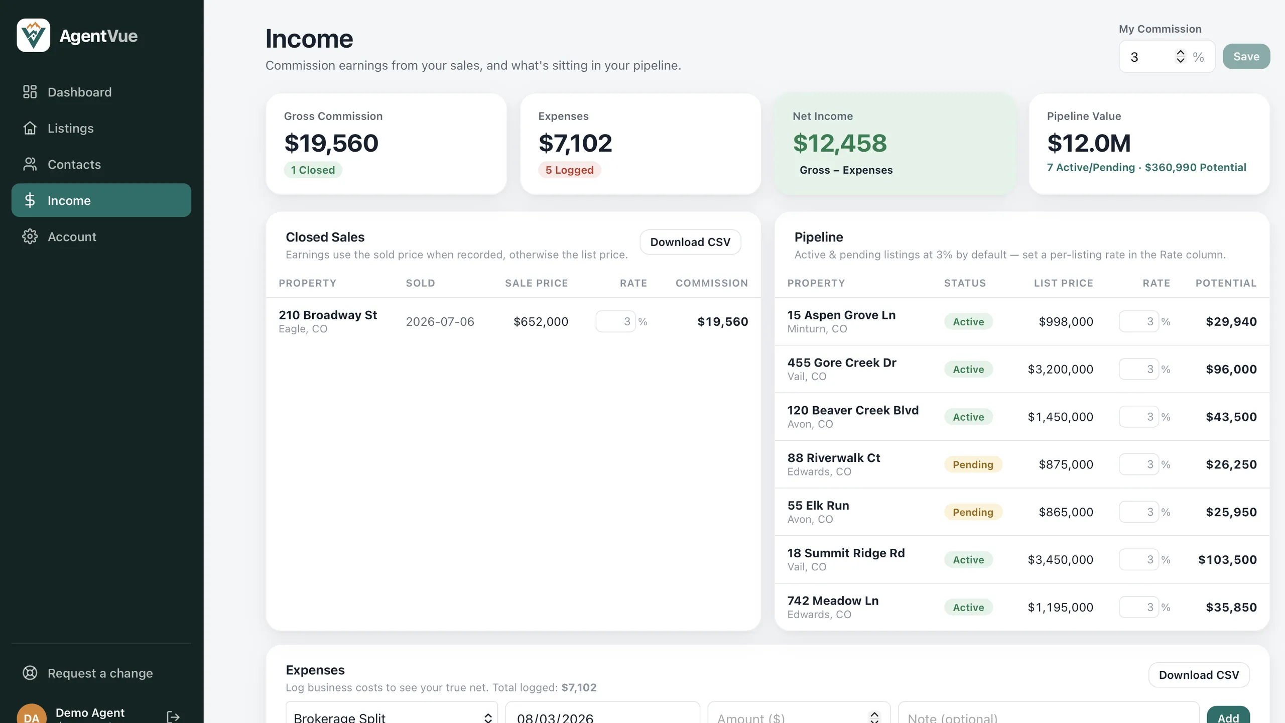 AgentVue income and commissions screen