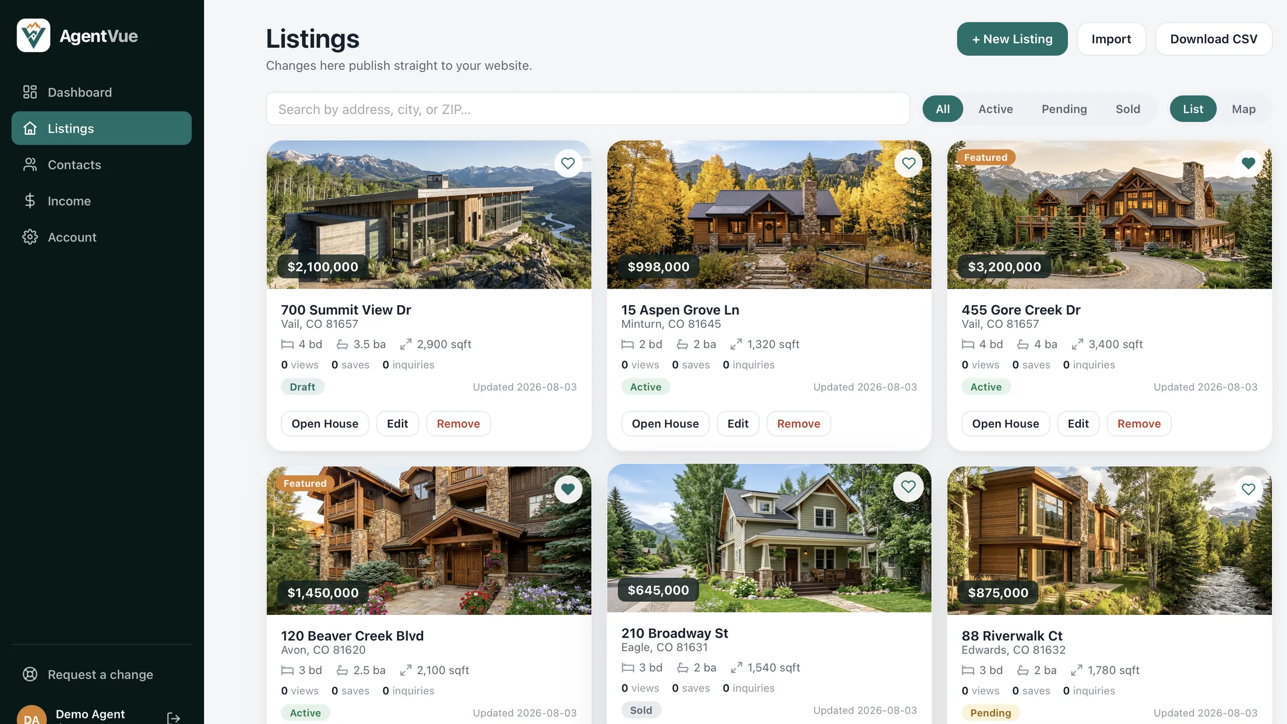 AgentVue listings screen